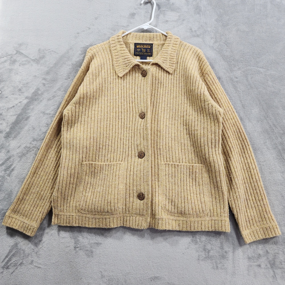 Vintage Woolrich Cardigan Sweater Women L Beige Wool Ribbed Knit Collared Casual